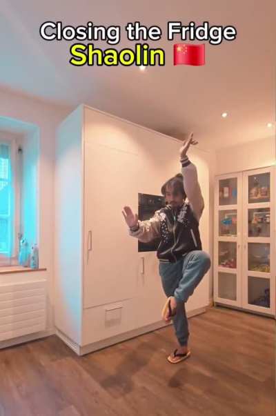 Closing the refrigerator by using some martial art
