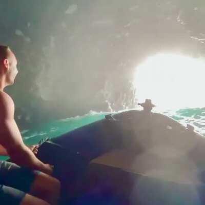 Waiahuaka Cave. At 1,155 ft, it's the world's 2nd longest sea cave, accessible only by zodiac raft.