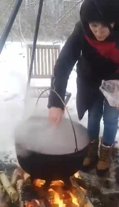 Cooking Borsch under gun fire, Lyuda has been making this Borsch for our troops since 2014.