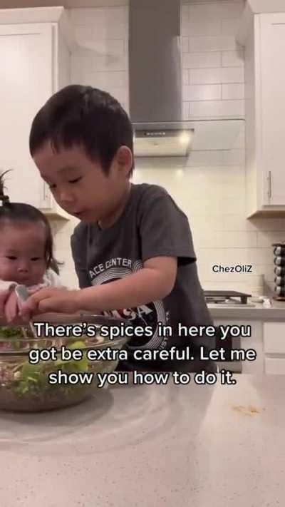 4 year old cooking with his baby sister 🥺