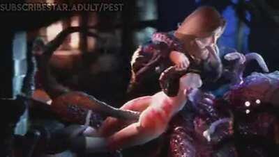 Submissive woman drilled all the way through with tentacles