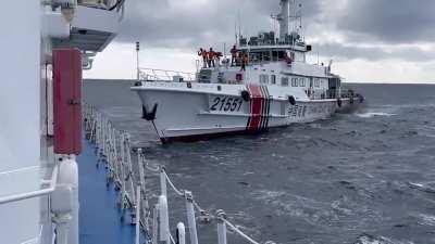 A China Coast Guard vessel taunts the Philippine Coast Guard vessel, as it plays chicken on the high seas, acting as if trying to ram the PCG vessel but backing off at the last minute, during yesterday's successful but daunting resupply run (Sept. 7, 2023