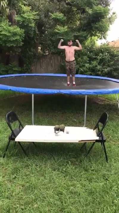 Trampoline front flip onto cactus and light bulbs