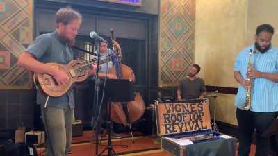 Free Jazz Cantina Band back in the day with Daniel Richardson (sax), Kevin Yokota (drums), Jonathan Richards (bass), and John Schroeder (guitar)