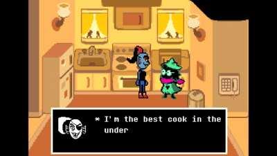 Undyne teaches Ralsei how to prepare lasagna