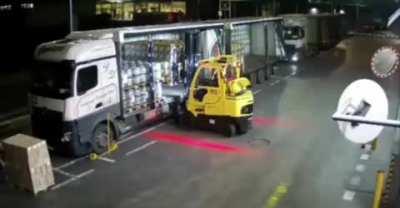 Walk in front of the forklift