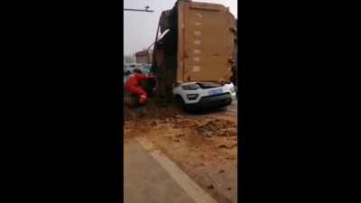 Truck Flips On Car Due To Reckless Biker