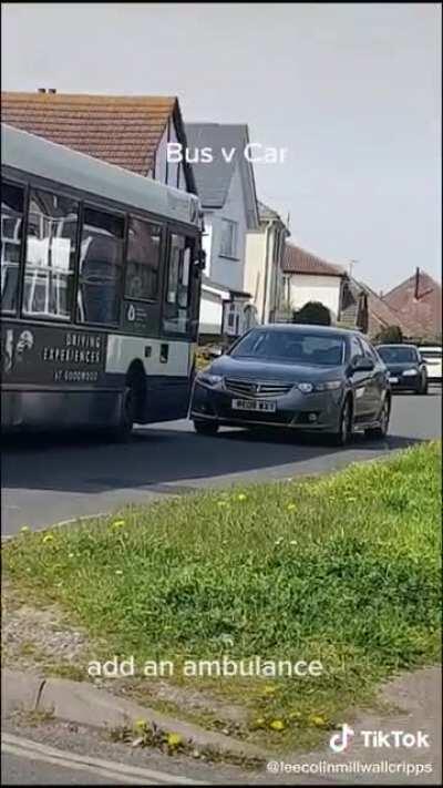 Car refuses to move over or reverse to allow bus to pass, instead decides to stand ground, add an ambiance just for good measure