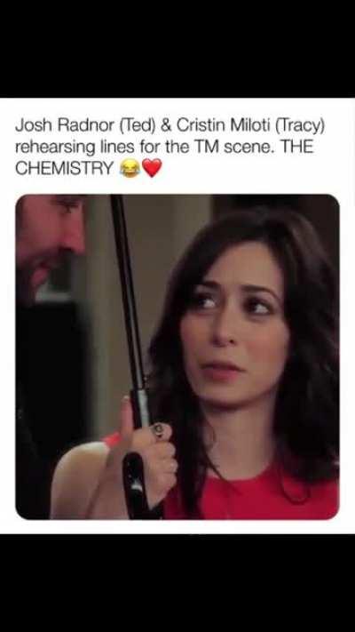 Josh Radnor and Cristin Milioti rehearsing lines for the TM scene..