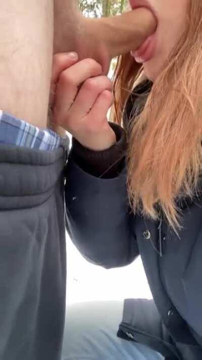 Taking him in deep inch by inch. Do you like outdoor blow jobs? [OC]