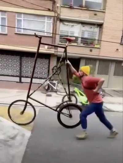 Hipster has a tall bike disaster