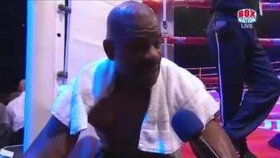 After knocking out David Price for the second time, Tony 'The Tiger' Thompson ends his interview by asking for a donation to help his wife.