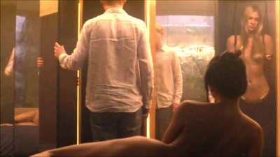 Ex Machina (2015), R-Rated, Claire Selby (boobs, ass, fully shaved pussy), Sonoya Mizuno and Elina Alminas (boobs, ass, landing strip shaved), and Alicia Vikander (boobs, ass, trimmed pussy)