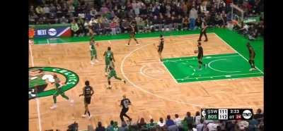 [highlight] down 1 point with 2:23 left to go in OT, Steve Kerr calls timeout leading Steph Curry to toss the basketball over his head