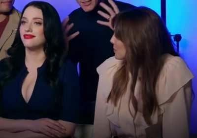 Elizabeth Olsen staring at Kat Dennings tits
