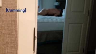 My husband peeking from outside the bedroom, watching me getting proneboned and begging my lover to cum inside of me, than thanking him when he does....
