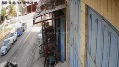 Oblivious pedestrian fails to notice an out of control drifting steamroller.