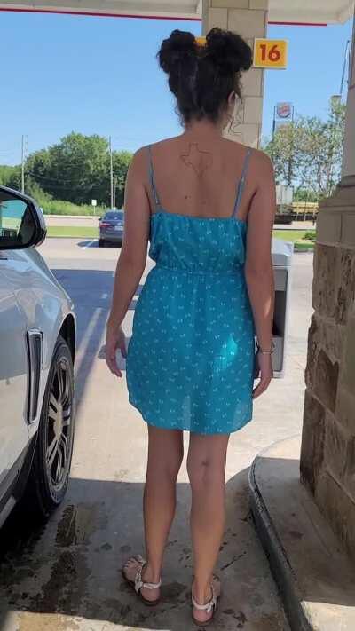 Slut wife flashing at the gas station today