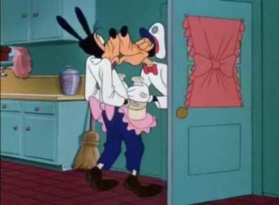 Goofy doing chores for his wife