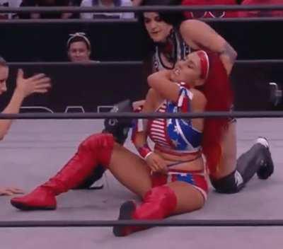 Satana Garrett caught in a hold but worried about her waistline