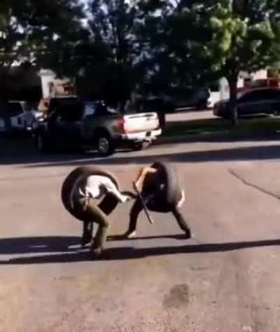 What happens when you have 2 Droidekas, strap Lightsabers on them and have them duel