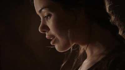 Emilia Clarke enjoying the view of Roxanne McKee riding her