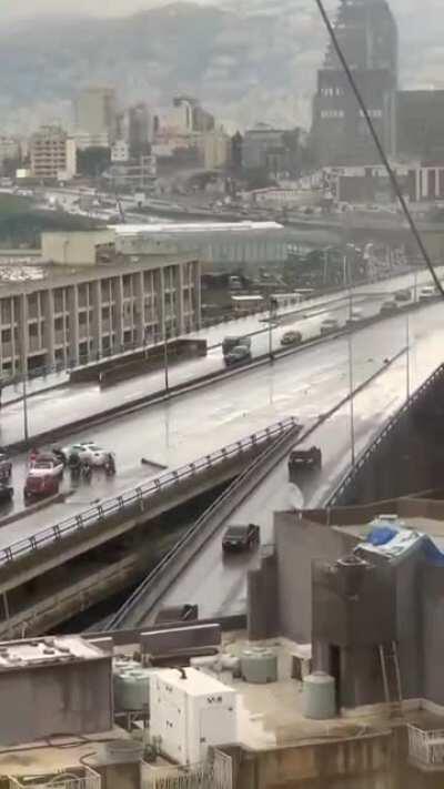 Road blocked in Beirut yesterday so a za3im's convoy could pass.