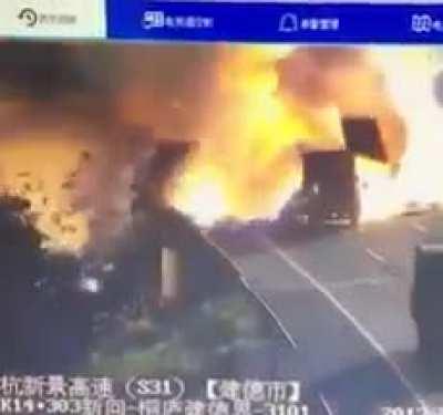 Truck's payload explodes when it sideswipes another truck pulled over on the side of the highway