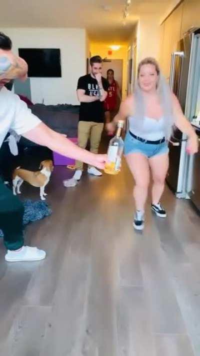 HMC, I will open the bottle cap with a foot kick