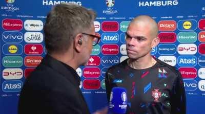 Pepe's reaction when a Portuguese journalist thanks the defender for everything he's done for the country