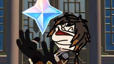 Zhongli holding a Primogem to bless your pulls