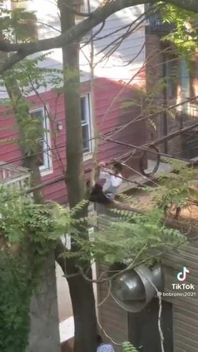 Using electric cables to climb on a roof.