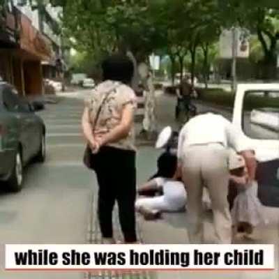 The helpless baby's hit head the floor you can even hear the sound