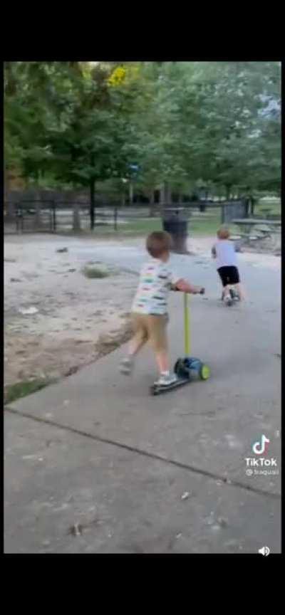 Lil fella got big mad cuz brother won the race..