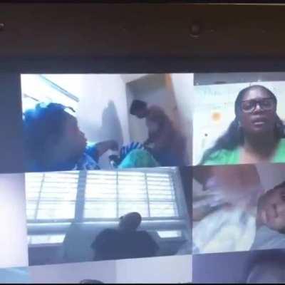 A woman flashes her son's classmates in an online zoom class...