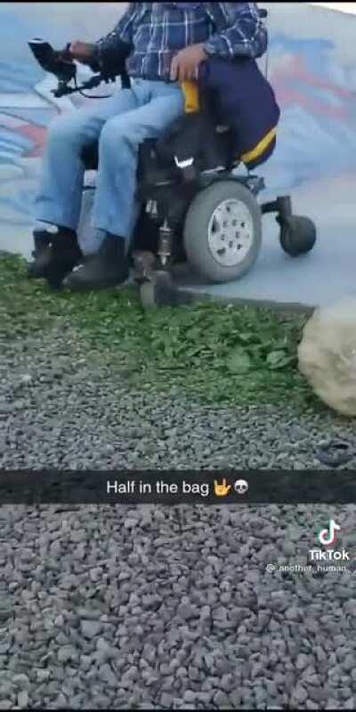 Old drunk man on his scooter sending it at the skatepark