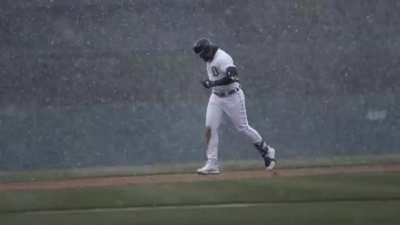 Miguel Cabrera hitting the first home run of the MLB season during a snowstorm
