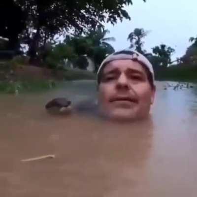 Weird looking creature comes out of water and tries to eat man (rule)