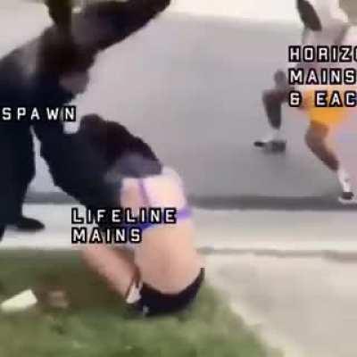 2 girls fighting while a dude in the background is dancing