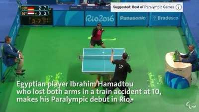 Ibrahim Hamadtou, who lost both of his hands in a train accident, making his debut at the Paralympics