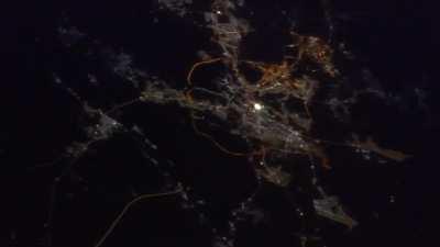 The Two Holy Cities (& Masjids) of Madinah Munawwarah & Makkah, as seen from the International Space Station on blessed night of Ramaḍān 1444 h [Credit: Sultan Al-Neyadi]