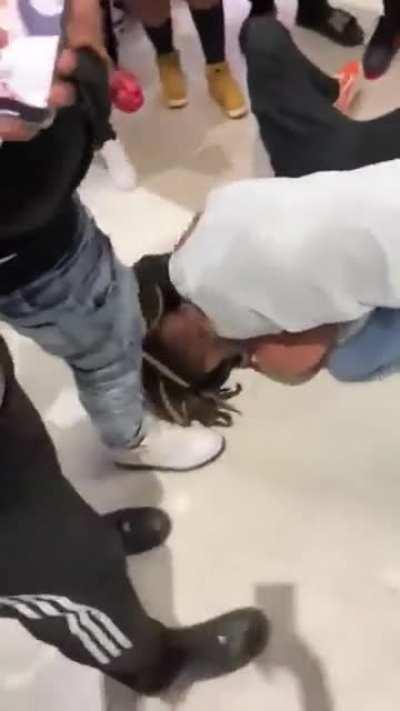 First kid gets ragolled and the second one takes 2 knees to the face