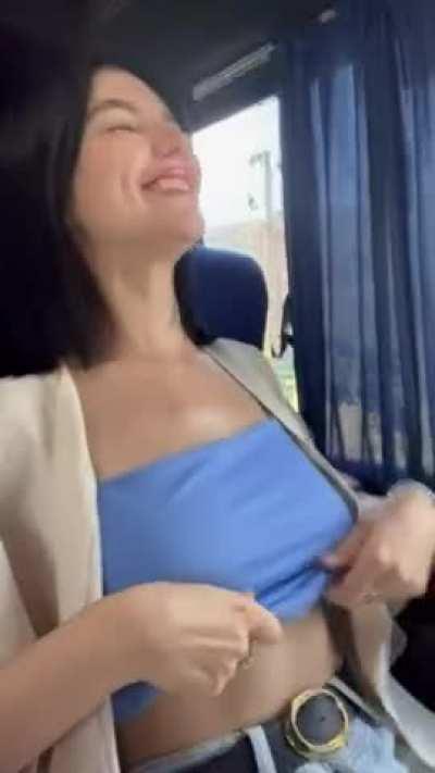 Bus boobs out
