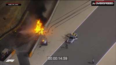 I synced multiple videos of Grojean's accident and added a timer from the moment of impact