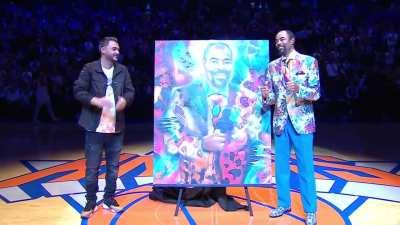 [Highlight] Clyde Frazier honored by the Knicks with a painting titled 'Twice As Nice' for being recognized by the Basketball Hall Of Fame as both a player and a broadcaster