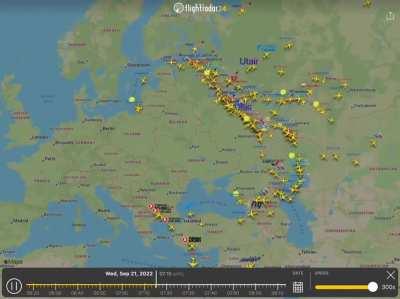 Aerial Imagery of civilian aircraft leaving Russia towards Turkey on the hours after Putin announces drafting 300k men