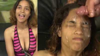 Nice girl is offering her face as a place to deposit three thick cum dumps. Doesn't like what's coming out of their sticks though...