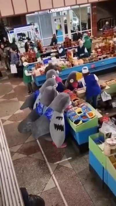 Pigeons attacking a market