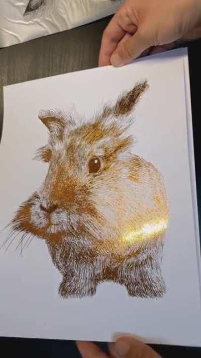 Foil reveal of my pet portrait of a rabbit named Chewie