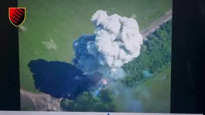 Ukrainian artillery hits a Russian 2S3 Akatsiya self-propelled gun and it is eventually destroyed in a catastrophic explosion, a KamAZ truck with ammunition was also destroyed in Donetsk Oblast (Music from source)